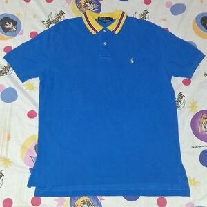 90s Ralph Lauren Blue & Yellow Striped Collar Polo Shirt Colorful